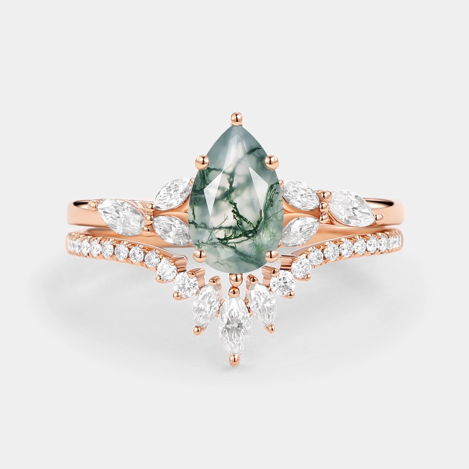 Pear Cut Moss Agate White Gold Engagement Ring Set 2pcs - July Timeless Pieces