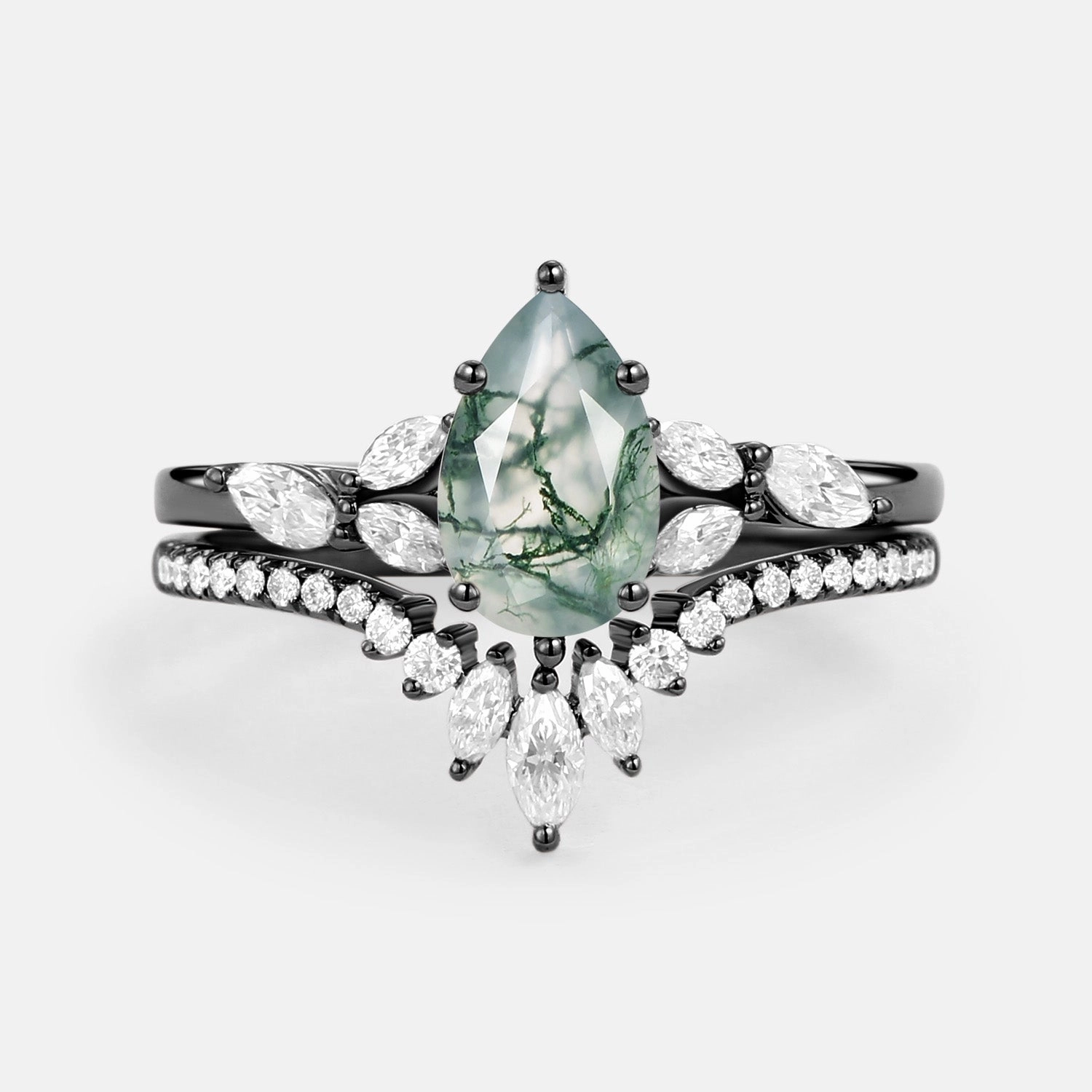 Handcrafted Style Pear Cut Moss Agate White Gold Engagement Ring Set 2pcs - July