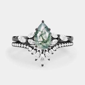 Handcrafted Style Pear Cut Moss Agate White Gold Engagement Ring Set 2pcs - July