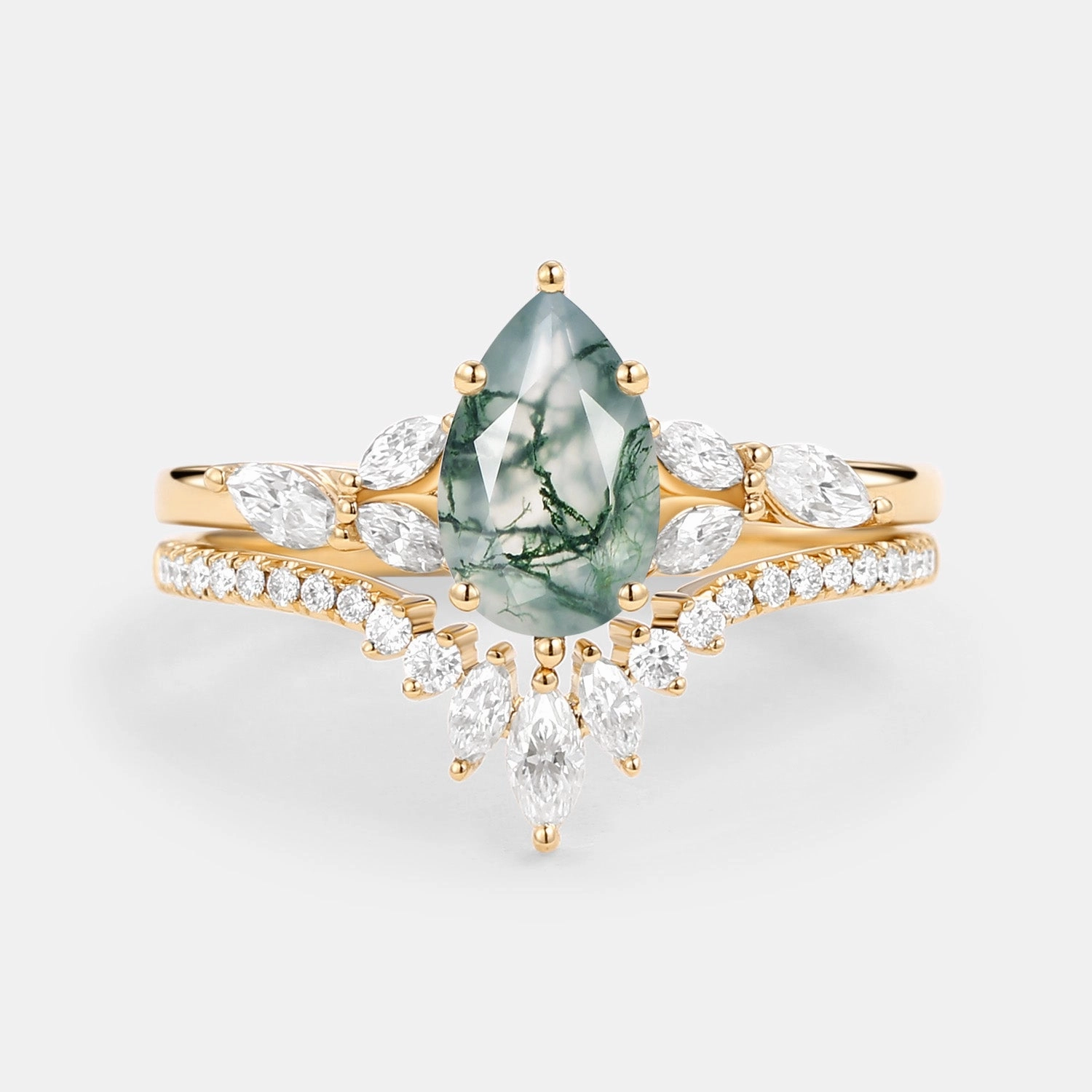 Pear Cut Moss Agate White Gold Engagement Ring Set 2pcs - July Glow Up Look
