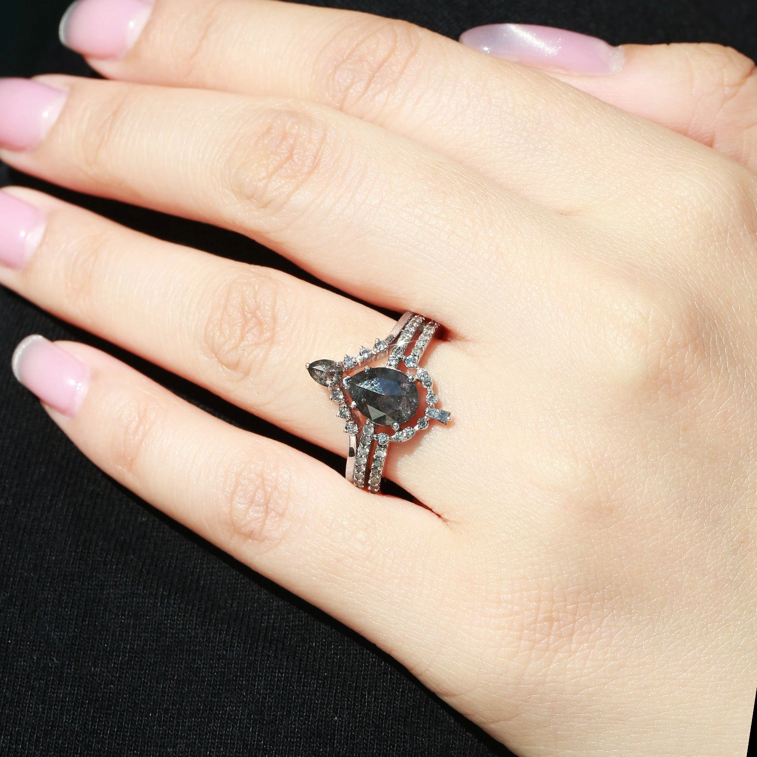 Pear Cut Salt and Pepper Diamonds Unique Engagement Ring Sets 3pcs Fine Detailing Charming Sparkle