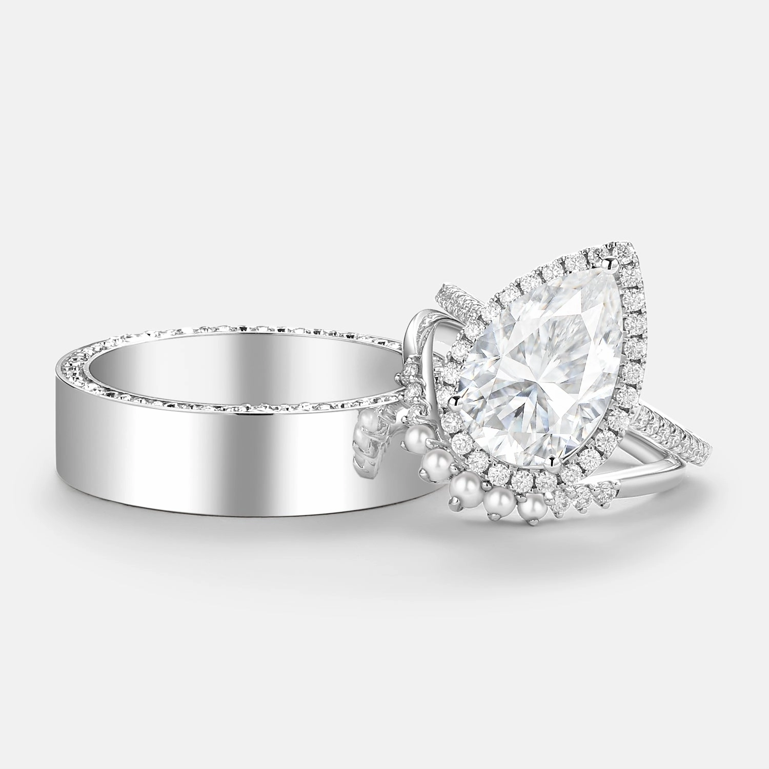 Bold piece Pear Moissanite & Pearl Classic Halo Couple Ring Set 3pcs