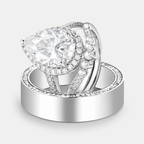 Smooth Surface Pear Moissanite & Pearl Classic Halo Couple Ring Set 3pcs
