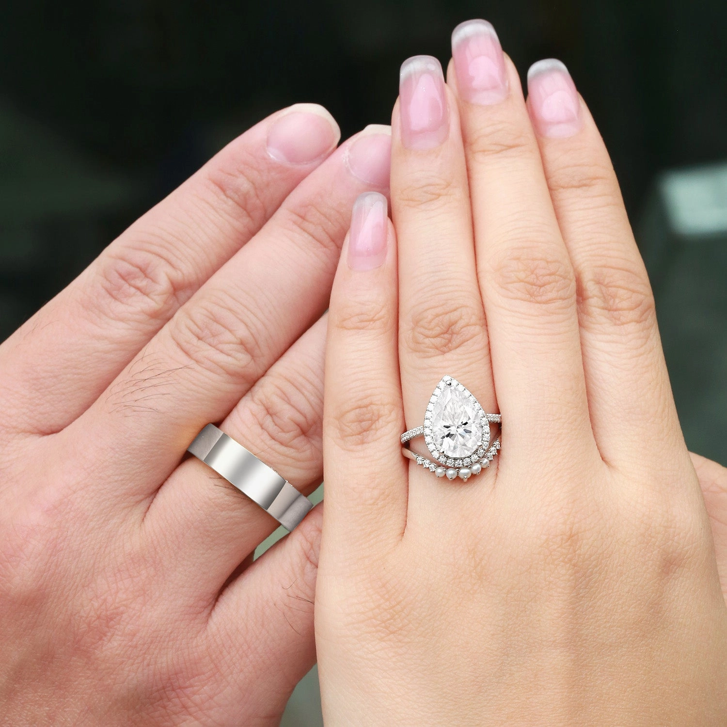 Pear Moissanite & Pearl Classic Halo Couple Ring Set 3pcs Layered Touch Ethereal Form