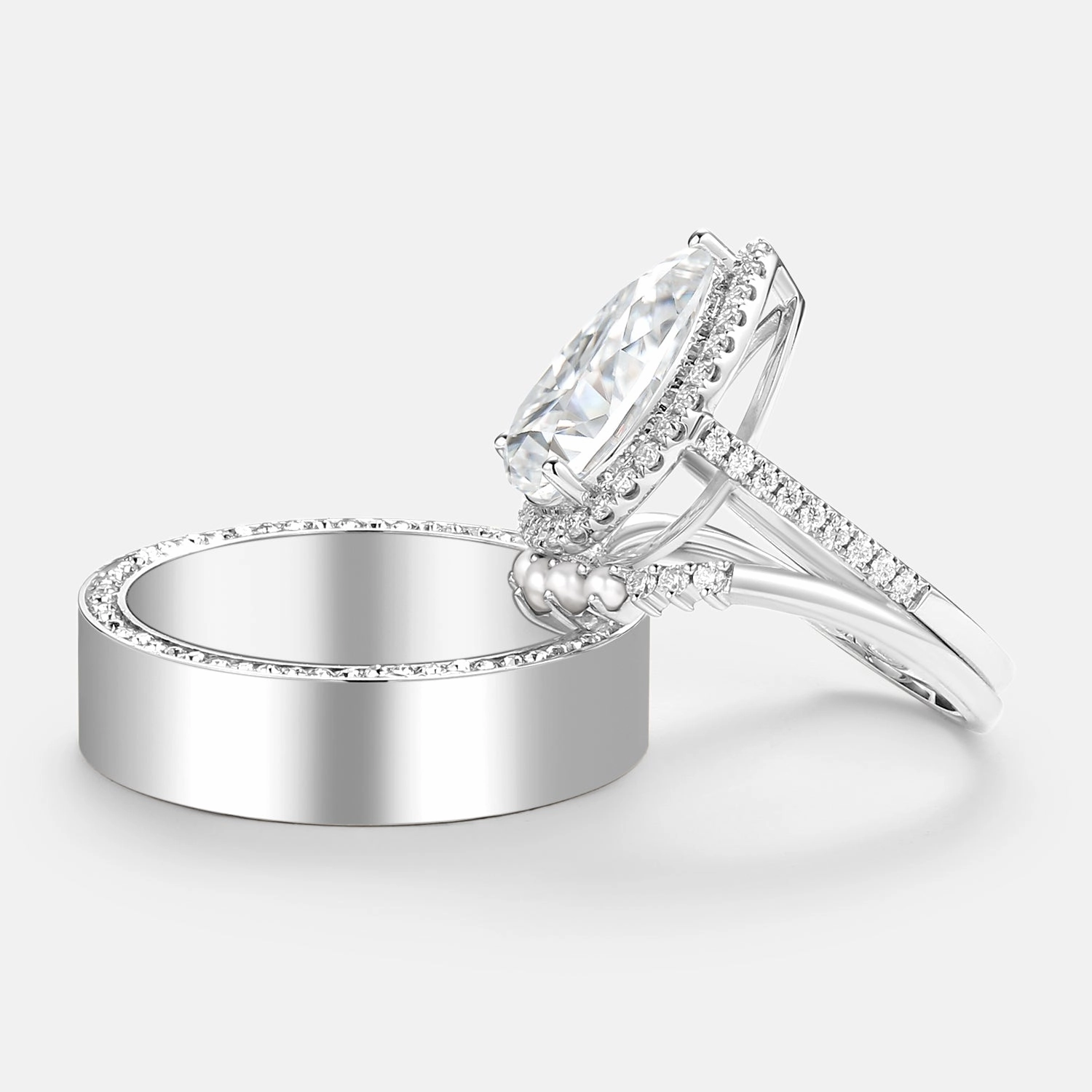 Luxury feature Pear Moissanite & Pearl Classic Halo Couple Ring Set 3pcs