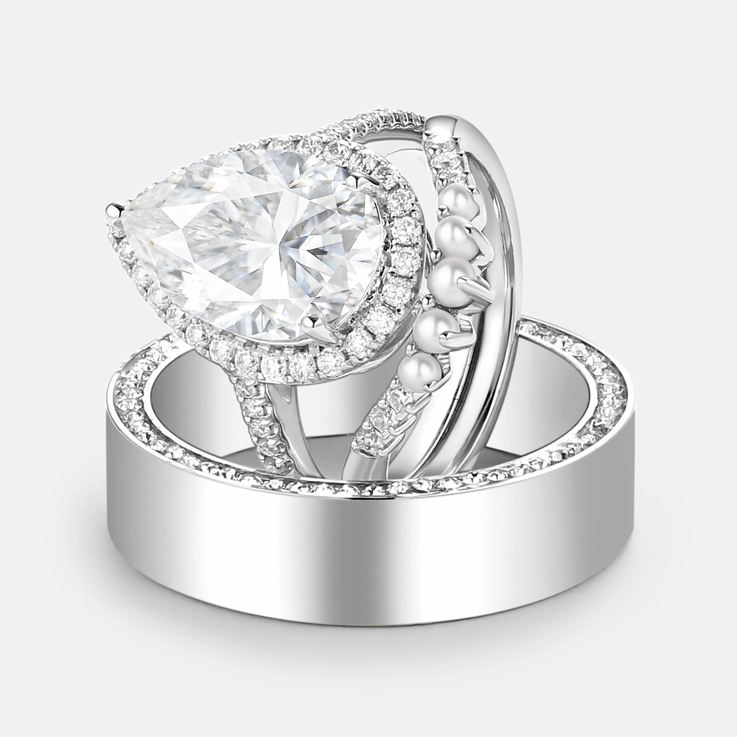 Smooth Surface Pear Moissanite & Pearl Classic Halo Couple Ring Set 3pcs