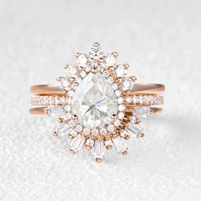 Pear Moissanite Halo Baguette Engagement Ring Sets 3pcs Luxe Pick
