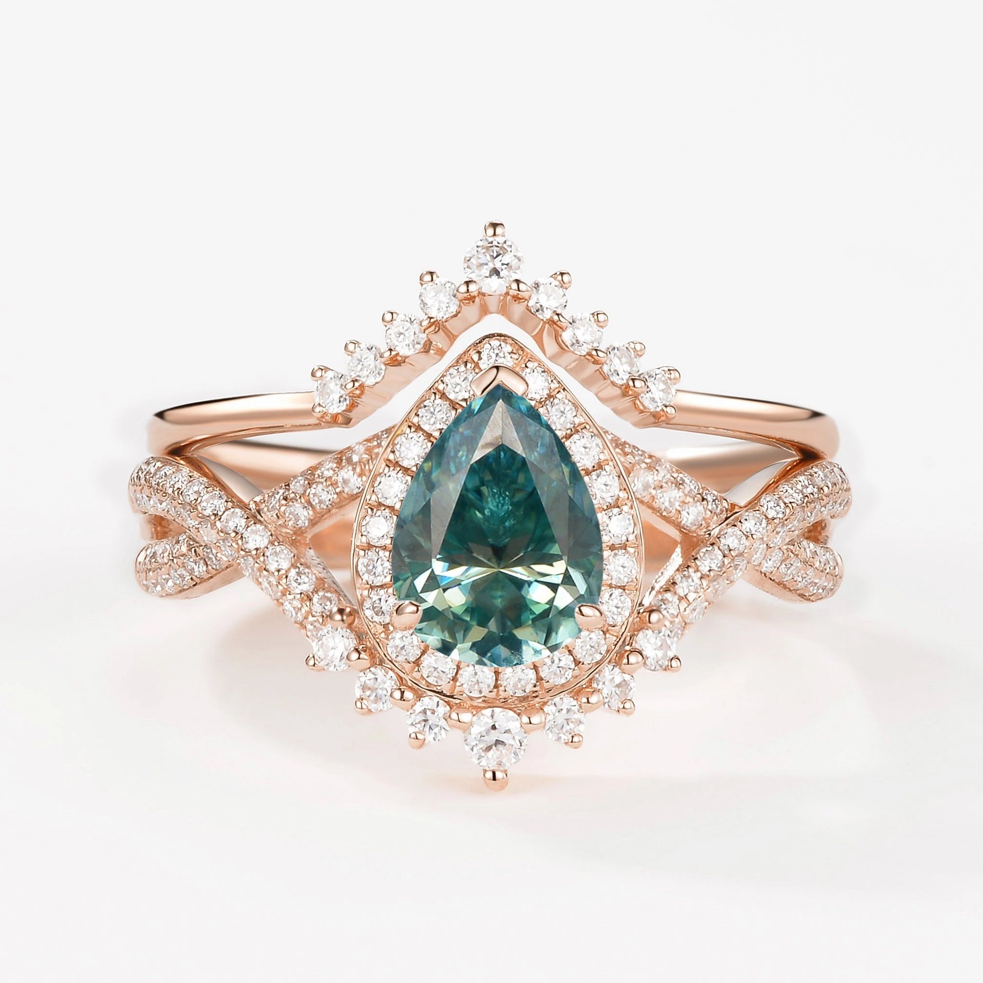 Muted Elegance Ornate Design Pear Moissanite Halo Infinity Ring Set 2pcs - Valentina