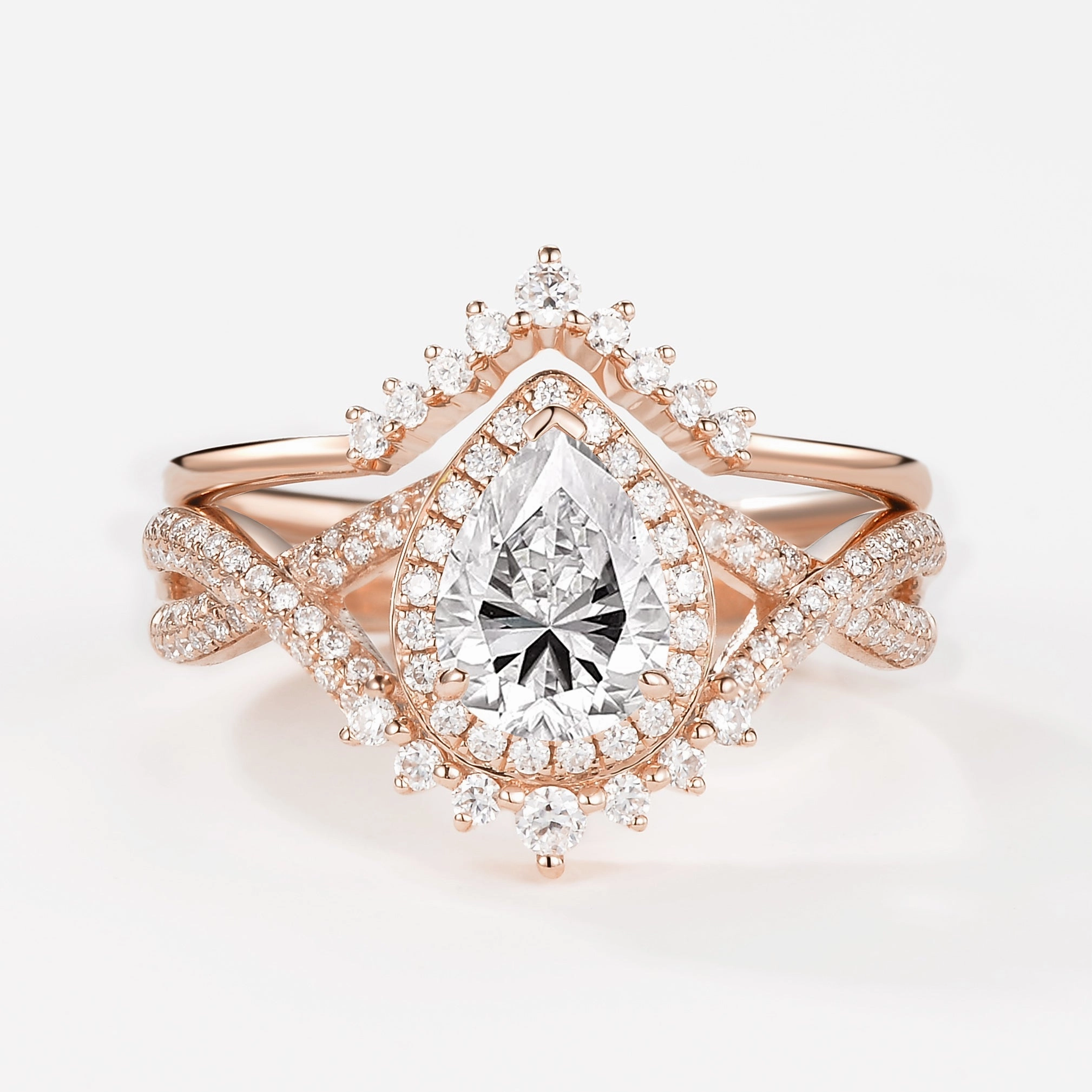 Pear Moissanite Halo Infinity Ring Set 2pcs - Valentina Light Radiance