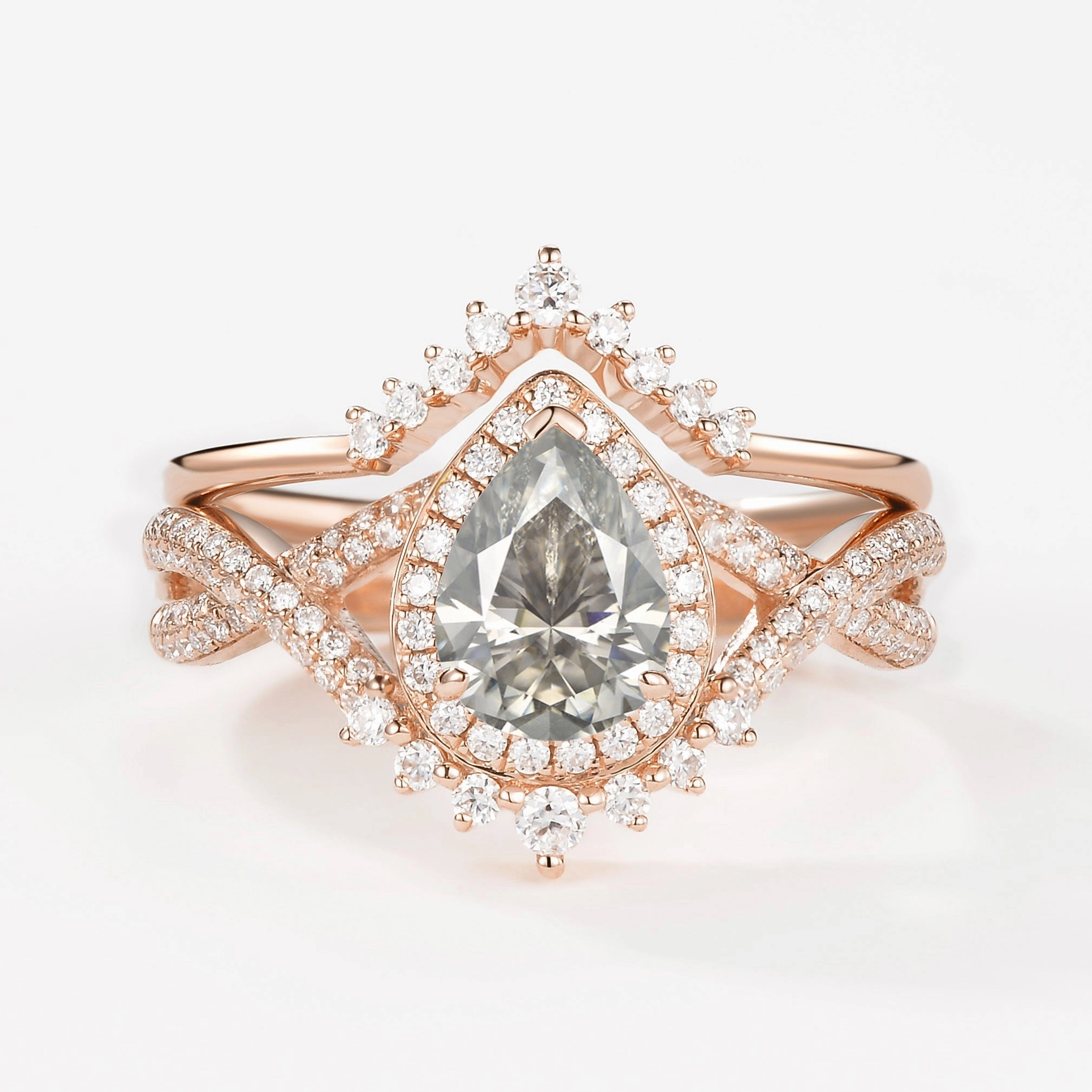 Everyday Appeal Artisan Detail Pear Moissanite Halo Infinity Ring Set 2pcs - Valentina