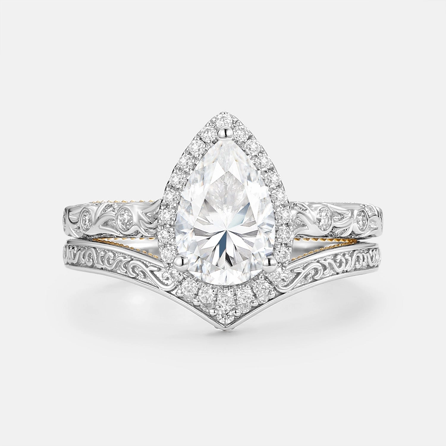 Pear Moissanite Hand Engraved Halo Engagement Ring Set 2pcs - Lavinia Textured Detail Classic Detail