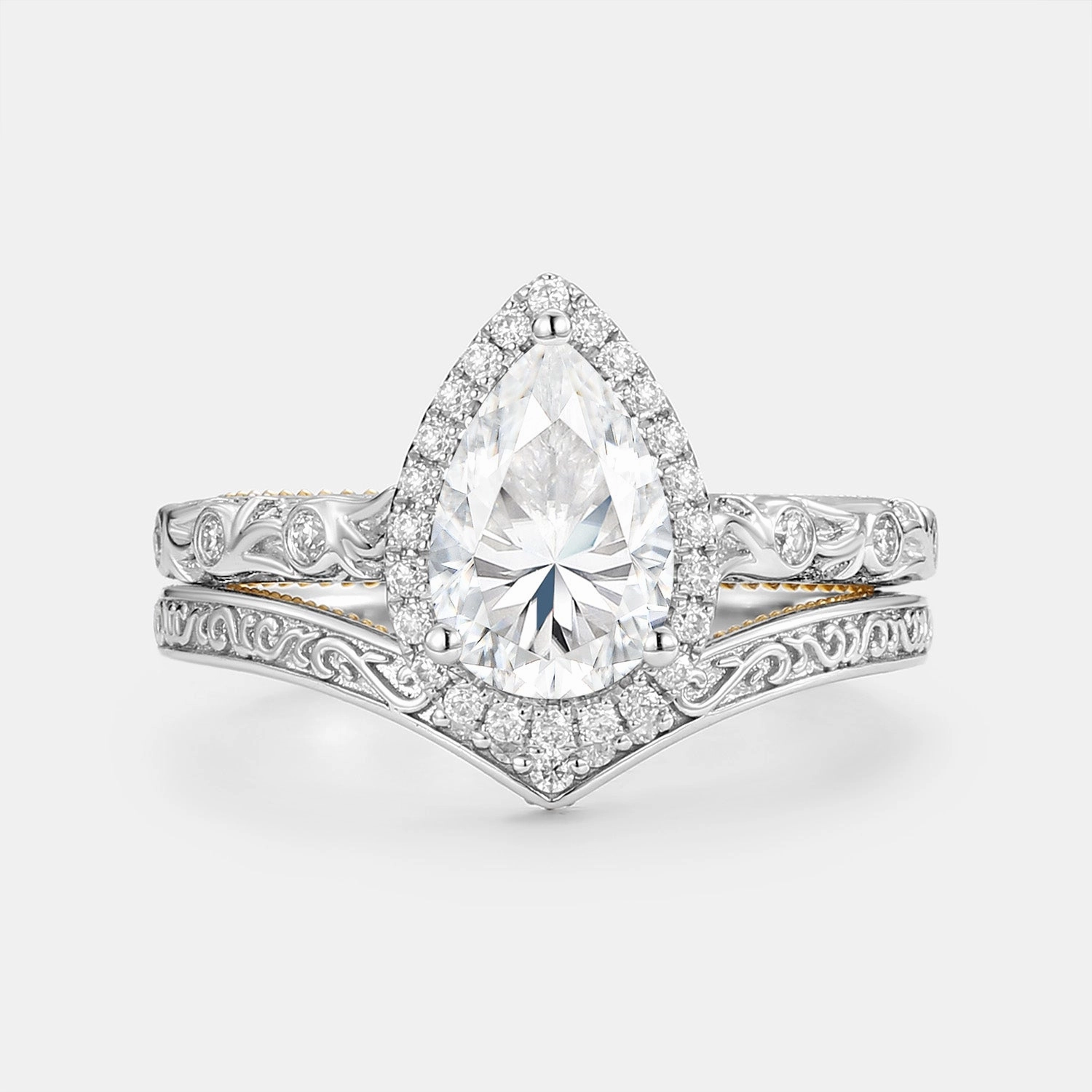 Pear Moissanite Hand Engraved Halo Engagement Ring Set 2pcs - Lavinia Cool Form