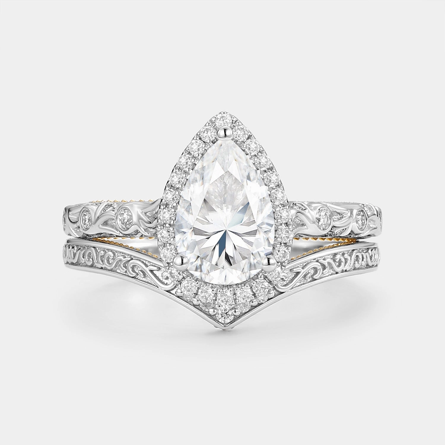 Pear Moissanite Hand Engraved Halo Engagement Ring Set 2pcs - Lavinia Fashionable Shine