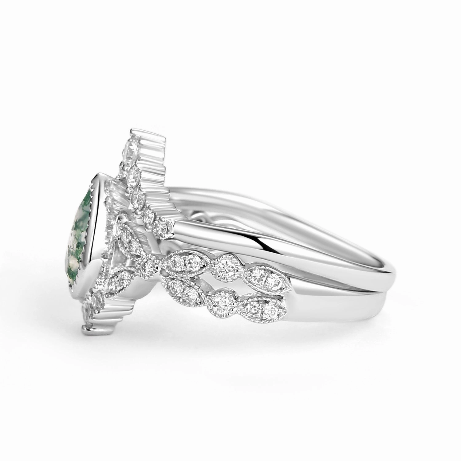 Pear Moss Agate Vintage Infinity Ring Set 2pcs - Vivienne Statement Piece