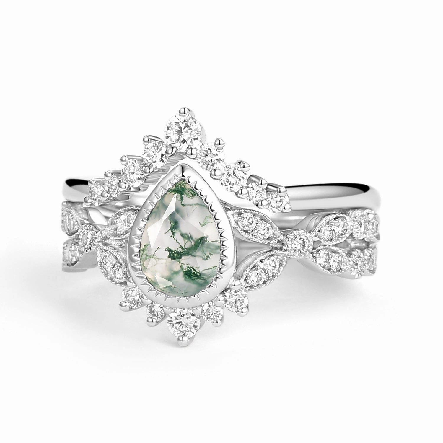 Pear Moss Agate Vintage Infinity Ring Set 2pcs - Vivienne Modern Fashion Bridal Touch