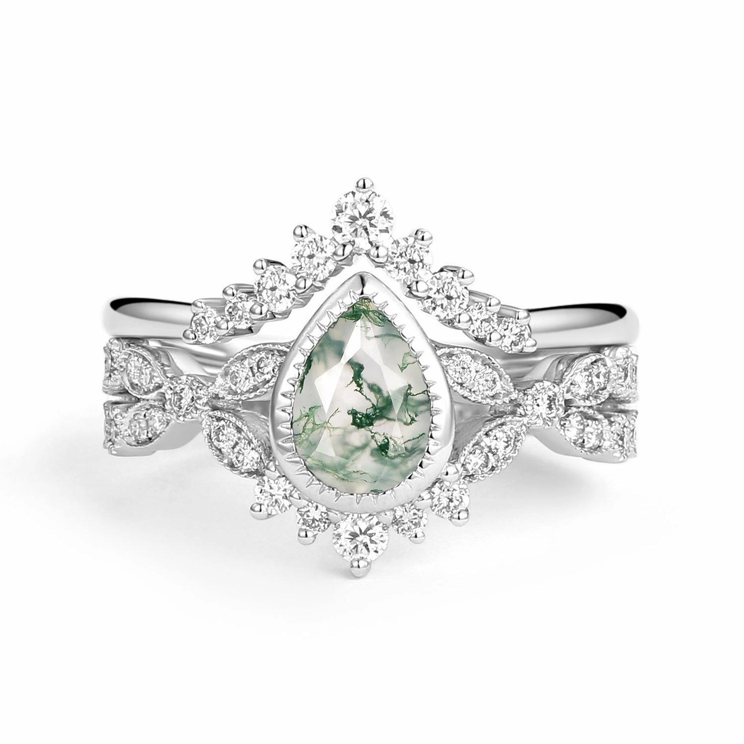 Fashion Element Pear Moss Agate Vintage Infinity Ring Set 2pcs - Vivienne