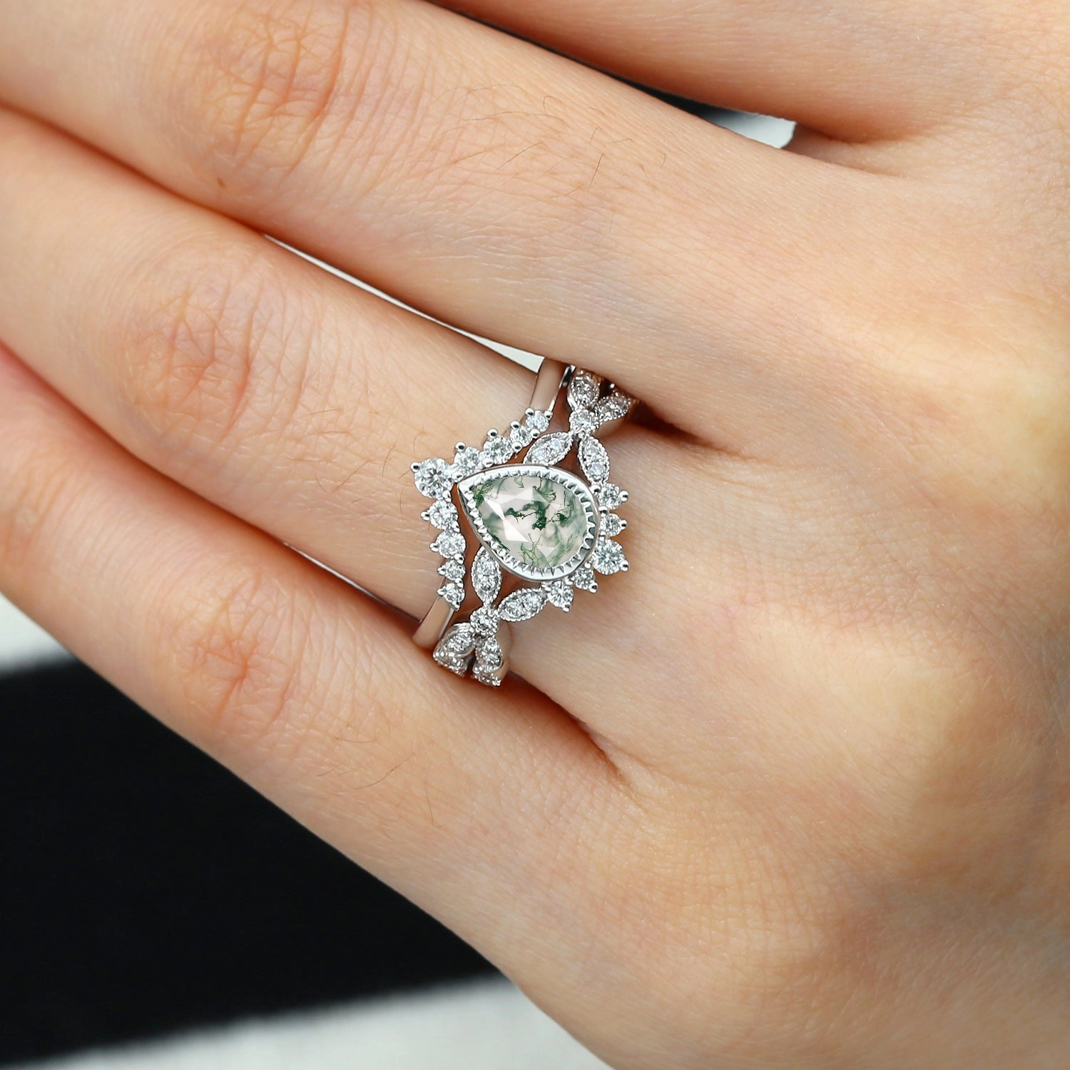 Timeless Gifts Silver Edge Pear Moss Agate Vintage Infinity Ring Set 2pcs - Vivienne