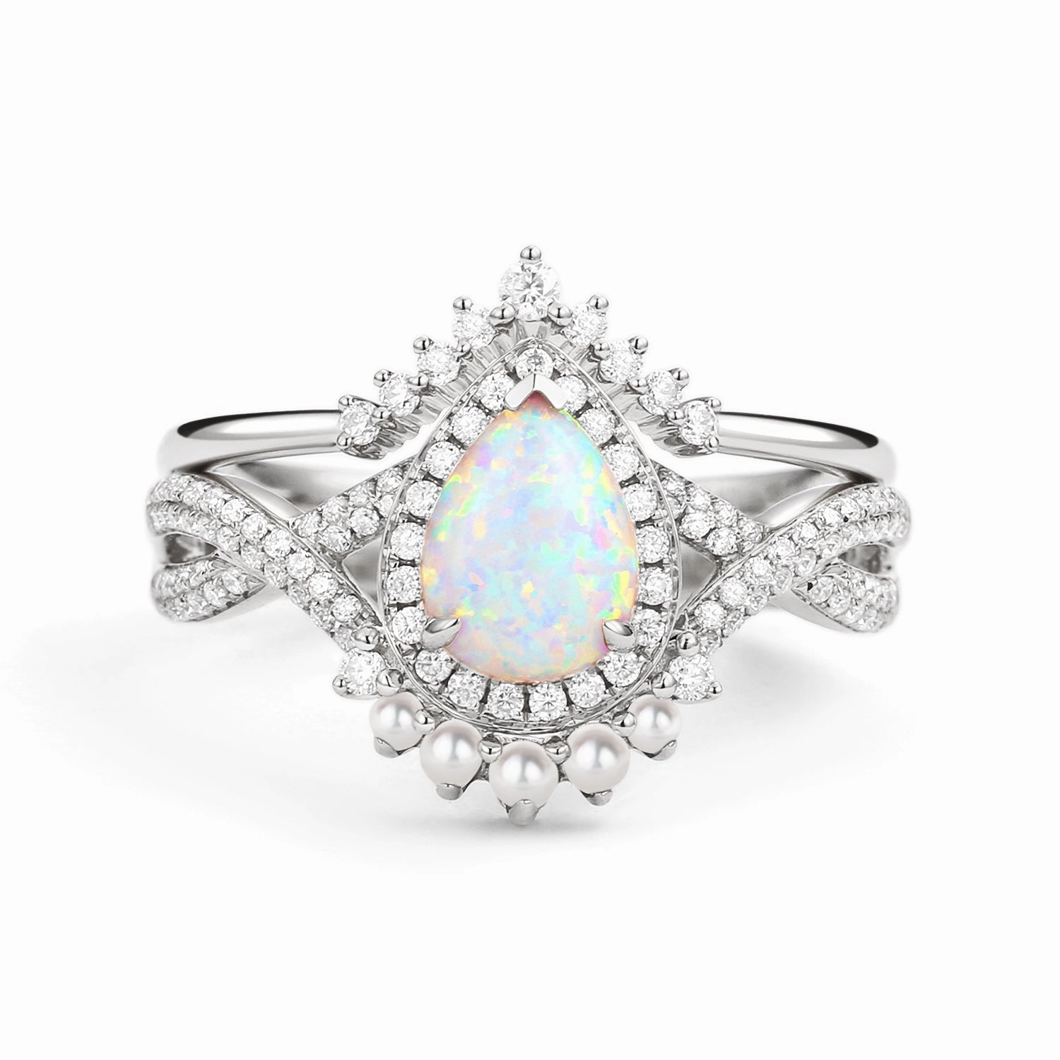 Pear Opal & Pearl Halo Infinity Ring Set 2pcs Glam Glow