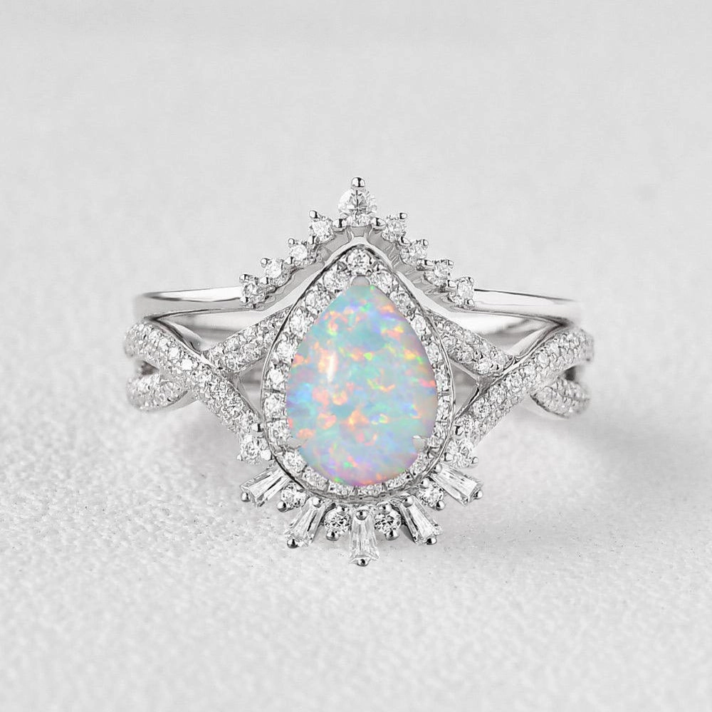 Handcrafted Highlight Pear Opal Halo Stacking Engagement Ring Set 2pcs