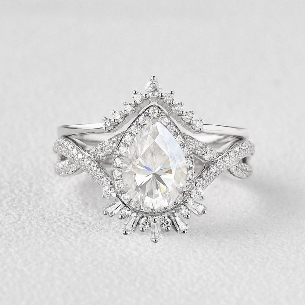 Bright Accent Sophisticated Glam Pear Opal Halo Stacking Engagement Ring Set 2pcs