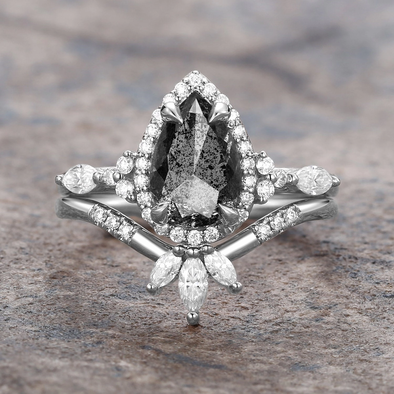 Pear Salt and Pepper Diamonds Halo Engagement Ring Sets 2pcs Handcrafted Touch Effortless Piece