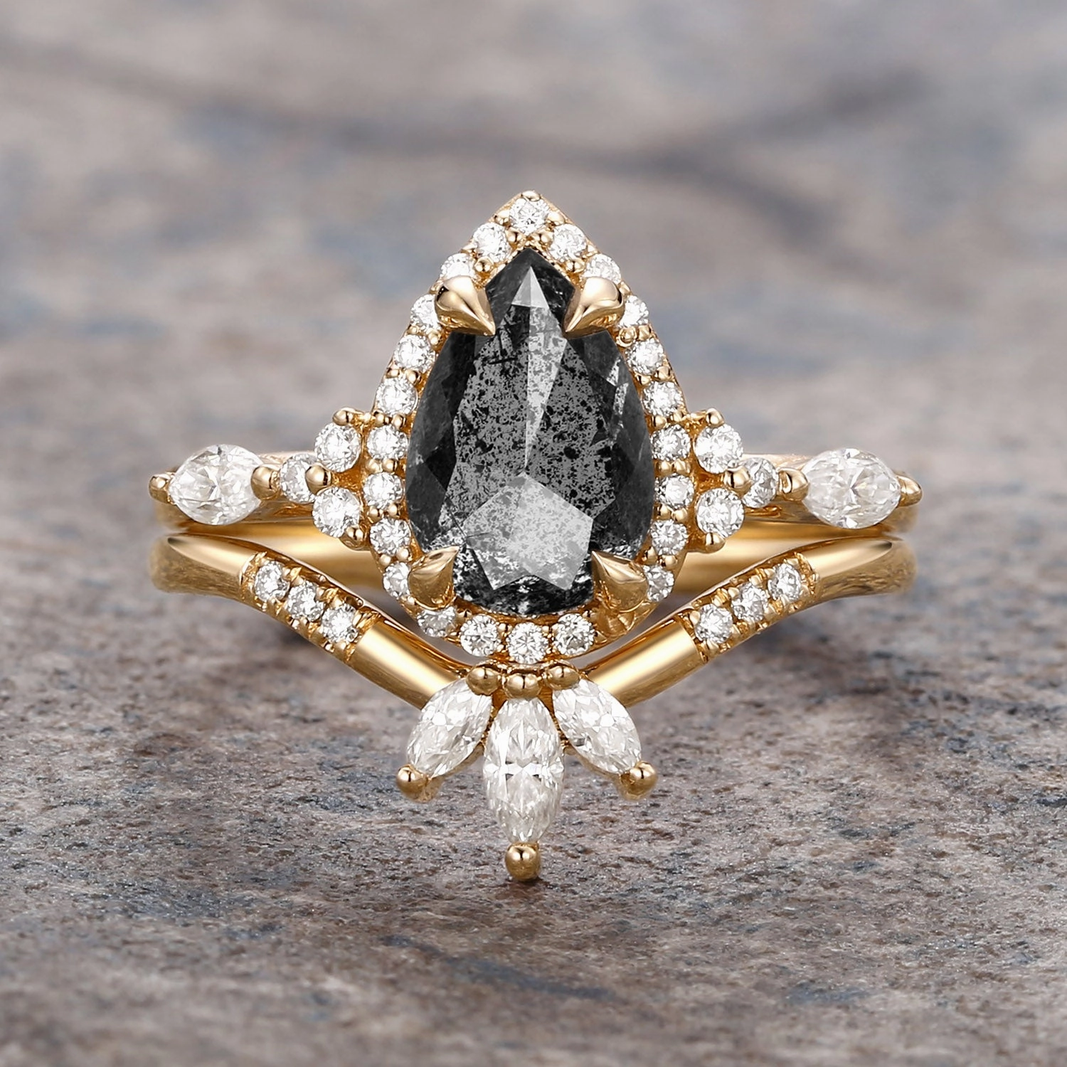 Pear Salt and Pepper Diamonds Halo Engagement Ring Sets 2pcs Soft Glimmer