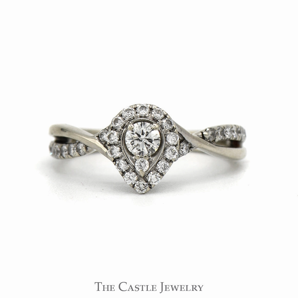 Pear Shape Diamond Engagement Ring With Round Brilliant Cut Diamond Halo And Sides .50CTTW In 14KT White Gold Low-Cost Symbol