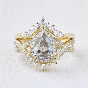 Anniversary Gift Evening Set Pear Shape Salt and Pepper Diamonds Halo Pearl Ring Set 2pcs