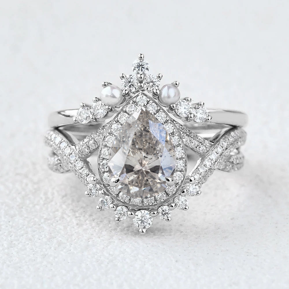 Perfect Fit Fashion Pairing Pear Shape Salt and Pepper Diamonds Halo Pearl Ring Set 2pcs