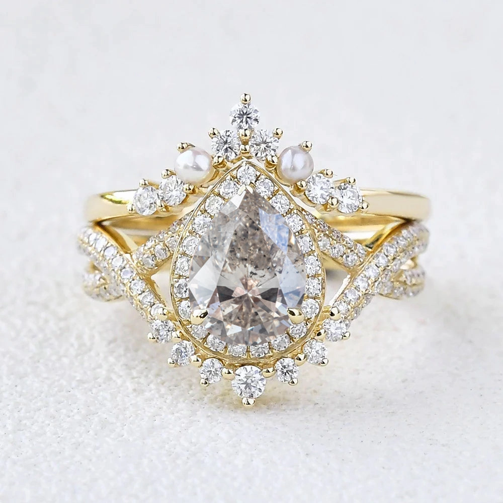 Anniversary Gift Evening Set Pear Shape Salt and Pepper Diamonds Halo Pearl Ring Set 2pcs