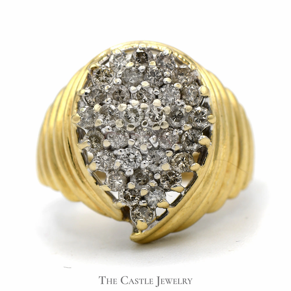 Youthful Accessory Pear Shaped 1cttw Round Diamond Cluster Ring with Ridged Sides in 10k Yellow Gold