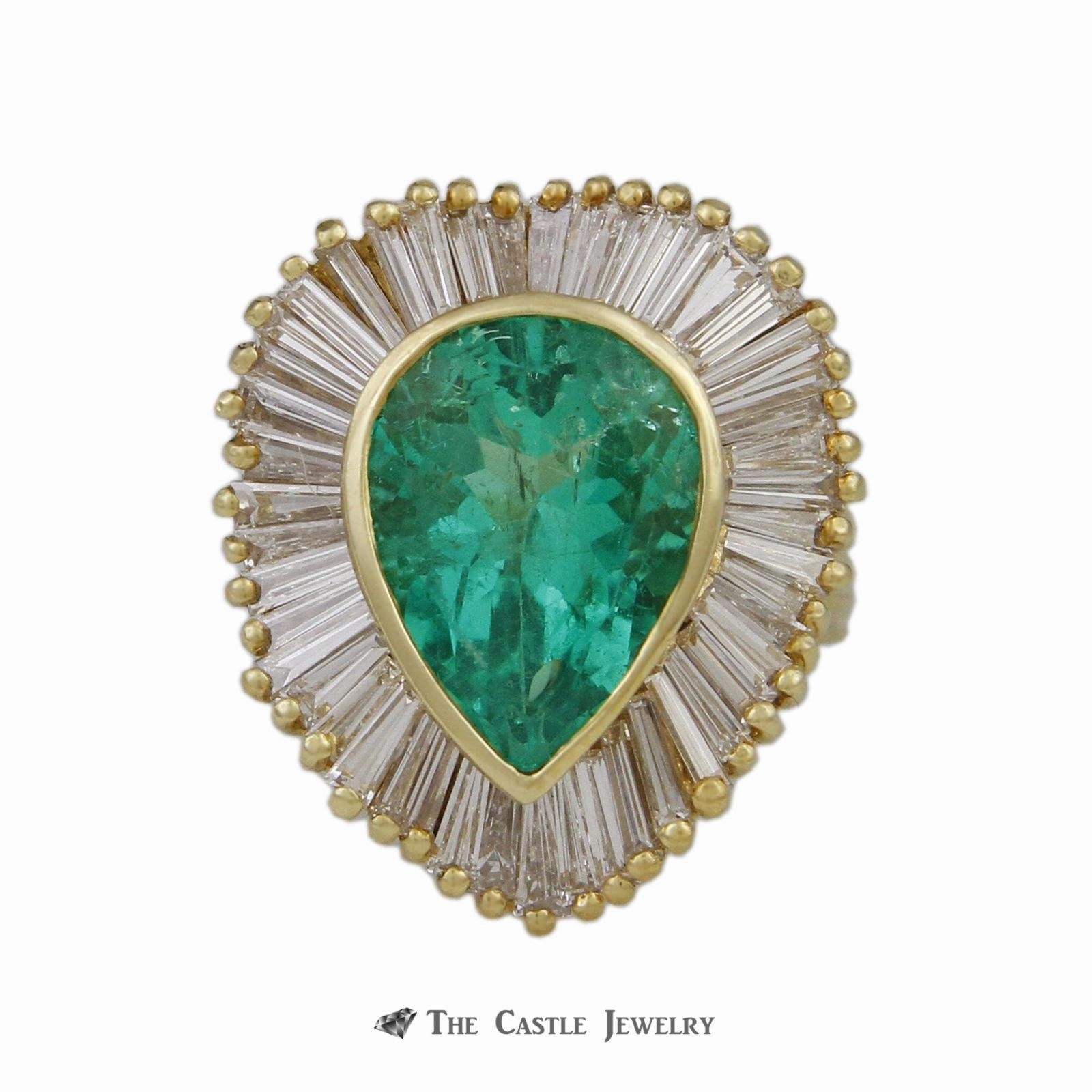 Pear Shaped 6.50ct Emerald Ring with Wavy 5.50cttw Baguette Halo Lightweight Art