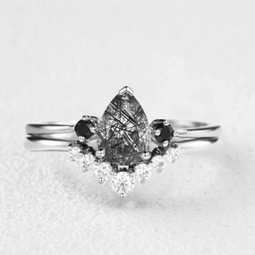 Pear Shaped Black Rutilated Quartz & Black Moissanite Engagement Ring Set 2pcs Shine In Light