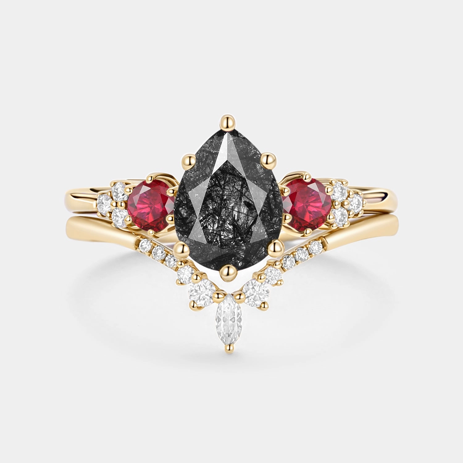 Pear Shaped Black Rutilated Quartz Cluster Ring Set 2pcs - Fern Enduring Shine Elegant Feel