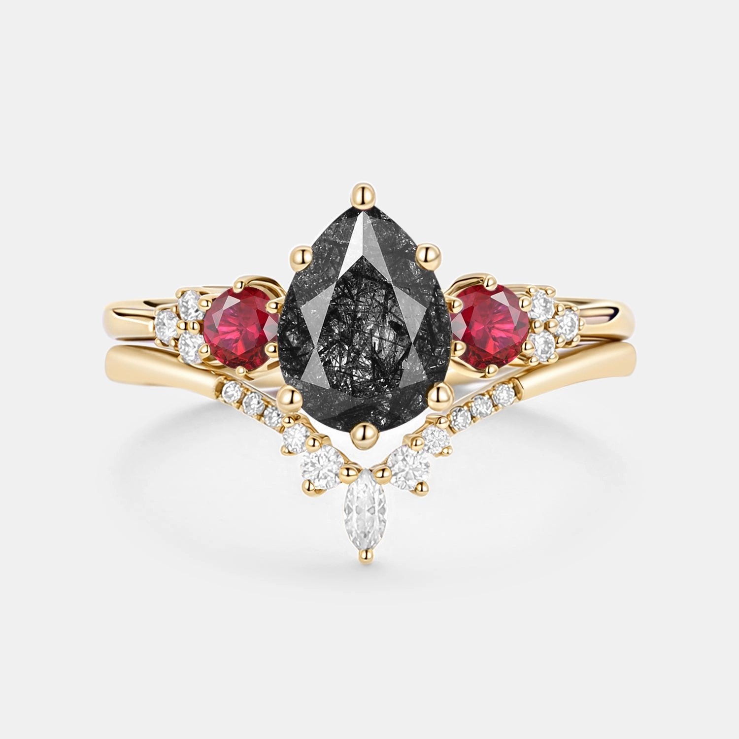 Bright Touch Pear Shaped Black Rutilated Quartz Cluster Ring Set 2pcs - Fern