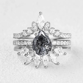 Pear Shaped Black Rutilated Quartz Engagement Ring Set 3pcs Vibrant Look Elegant Line