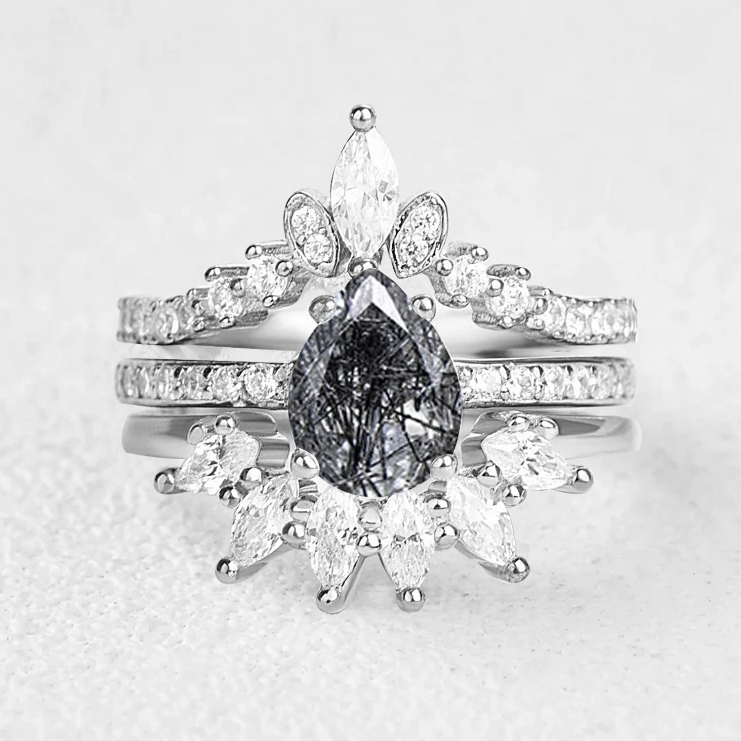 Polished Glam Pear Shaped Black Rutilated Quartz Engagement Ring Set 3pcs