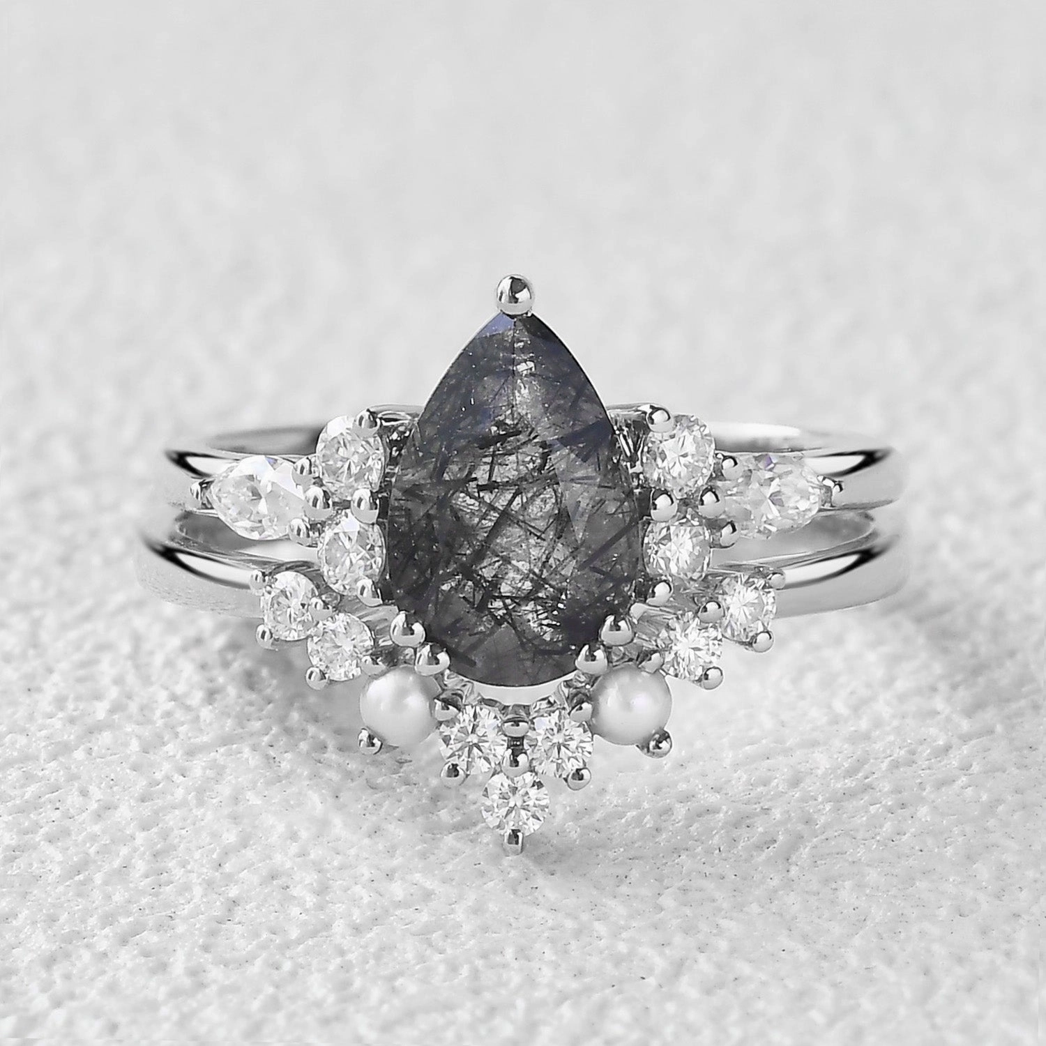 Weekend Chic Wedding Look Pear Shaped Black Rutilated Quartz Vintage Stacking Ring Set 2pcs