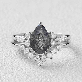 Artful Touch date night look Pear Shaped Black Rutilated Quartz Vintage Stacking Ring Set 2pcs