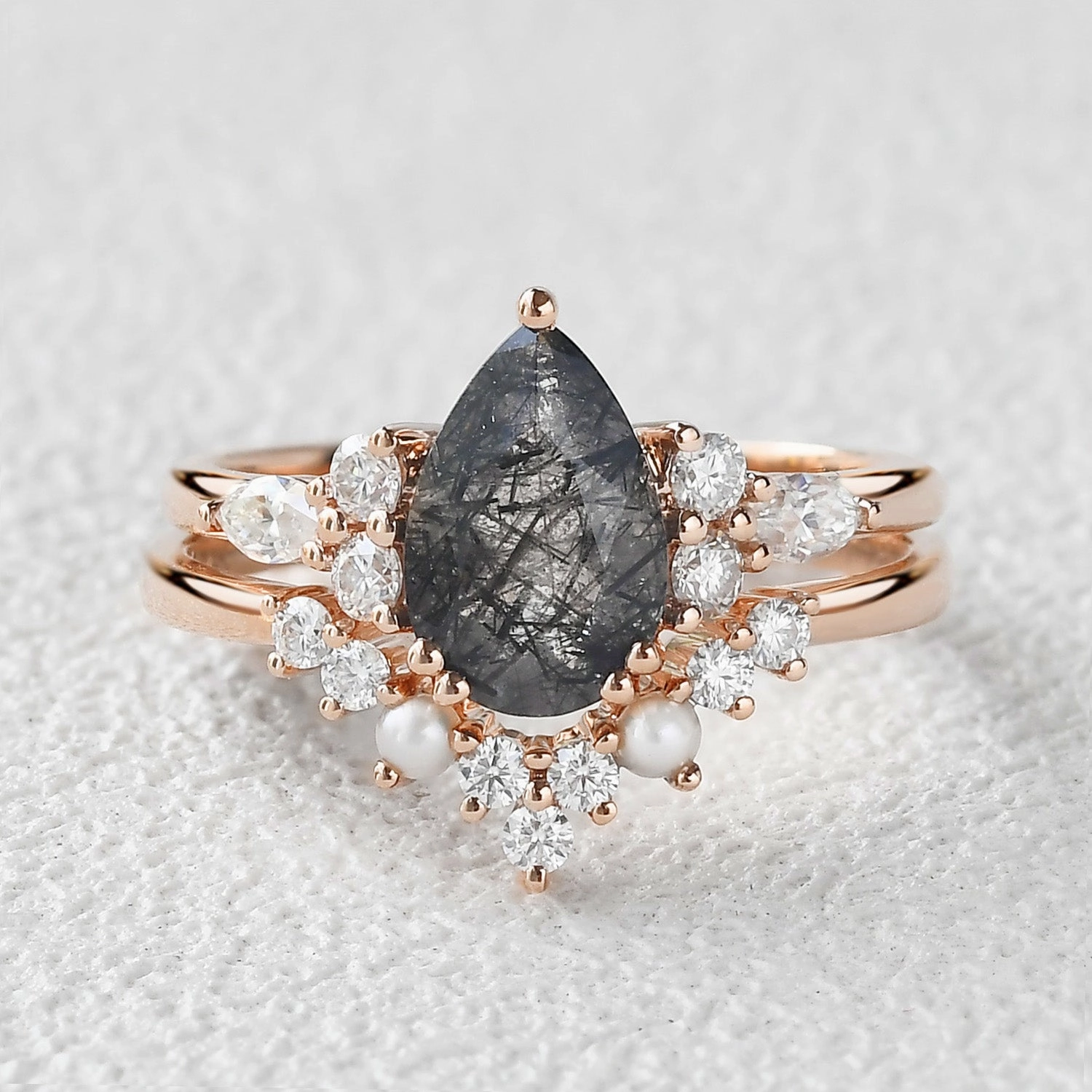 Versatile Accessory Pear Shaped Black Rutilated Quartz Vintage Stacking Ring Set 2pcs