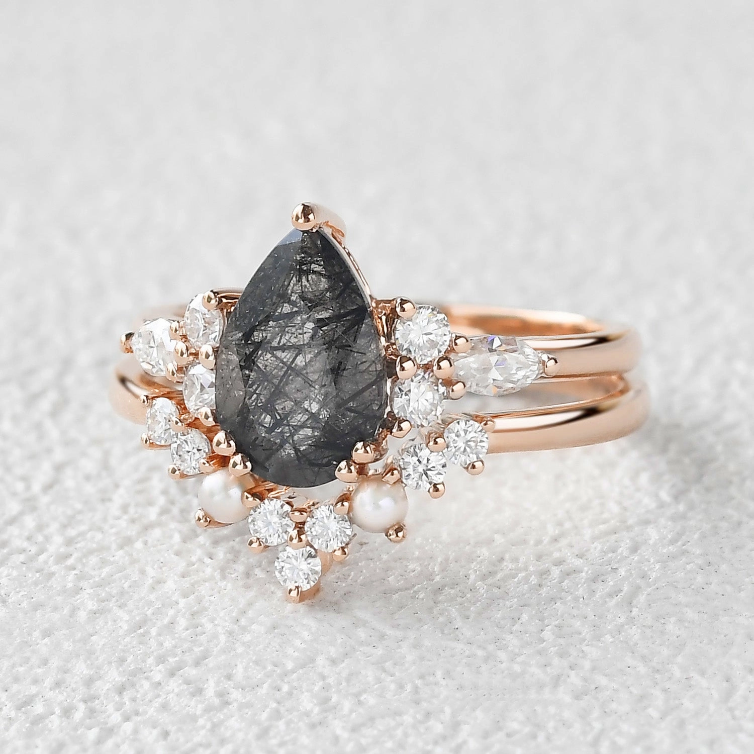 Contemporary Accent Versatile Accessory Pear Shaped Black Rutilated Quartz Vintage Stacking Ring Set 2pcs