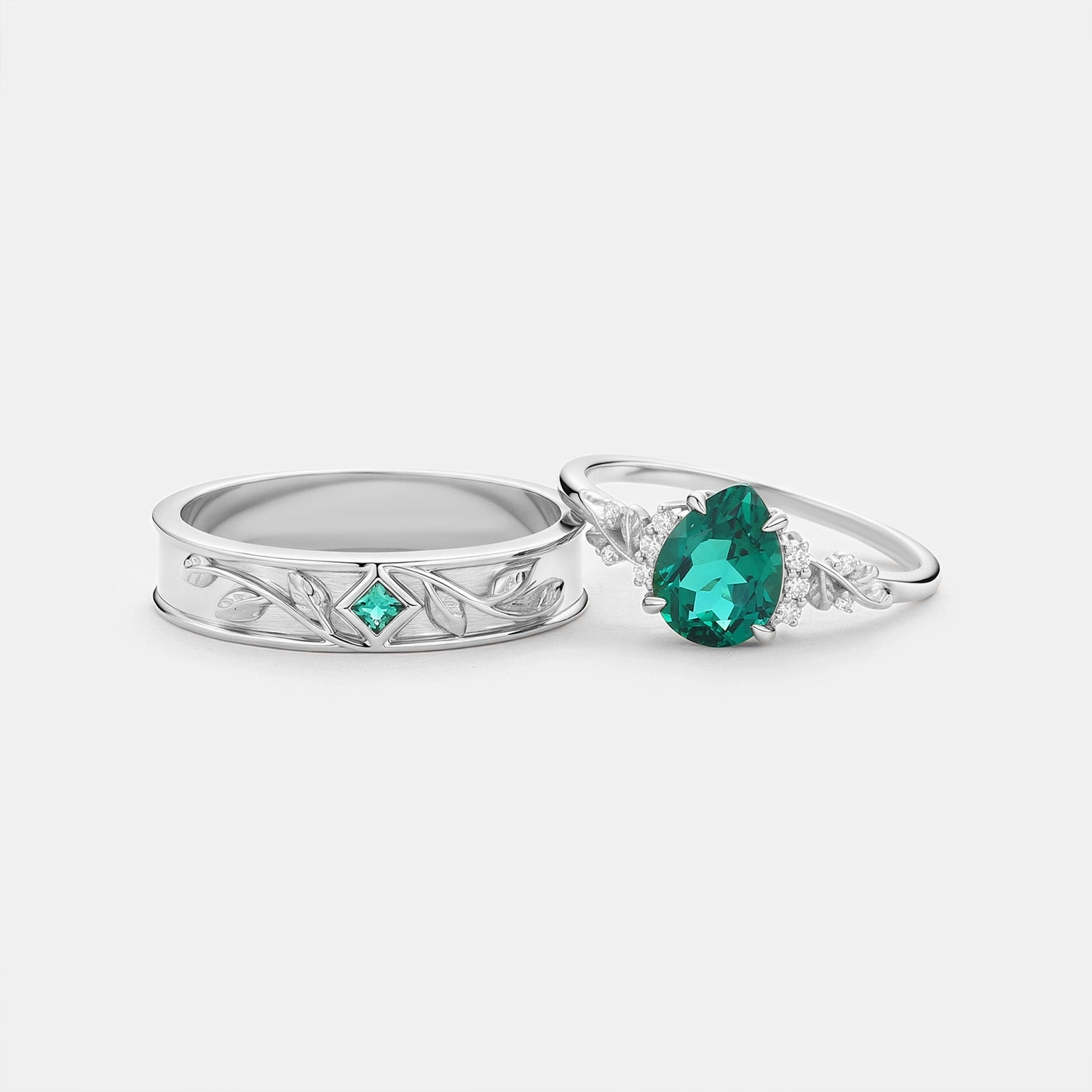 Pear Shaped Lab Emerald Leaf Couple Ring Set 2pcs - Verdant Chic Detail Crisp Detail