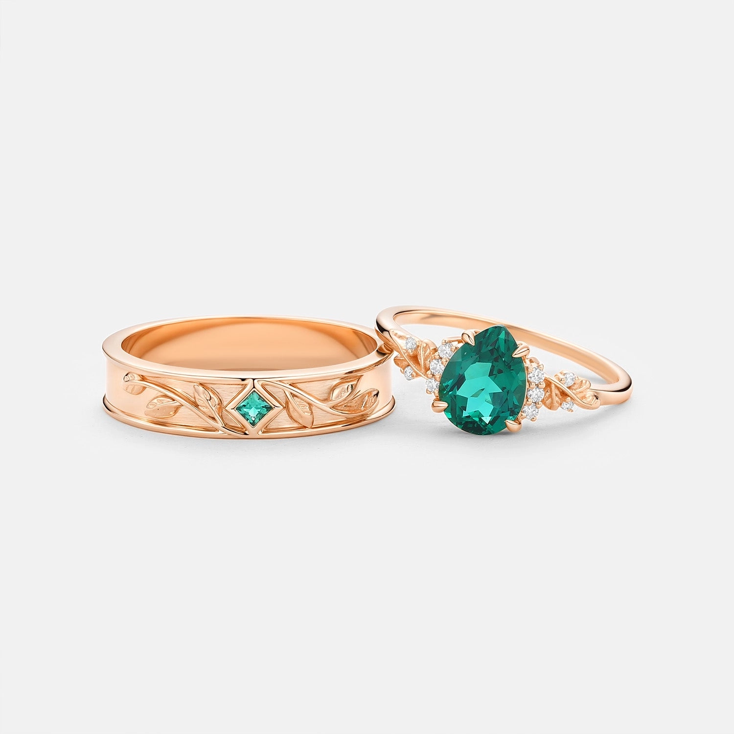 Pear Shaped Lab Emerald Leaf Couple Ring Set 2pcs - Verdant Glam Set Classic Presence
