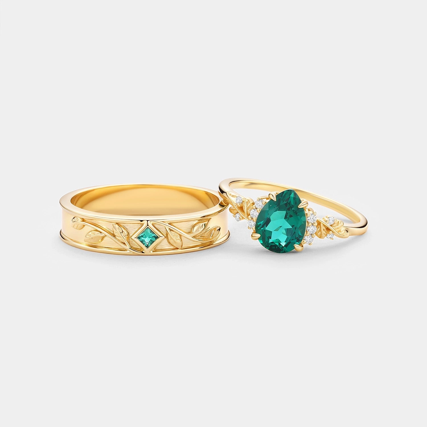 Pear Shaped Lab Emerald Leaf Couple Ring Set 2pcs - Verdant Dazzling Glow