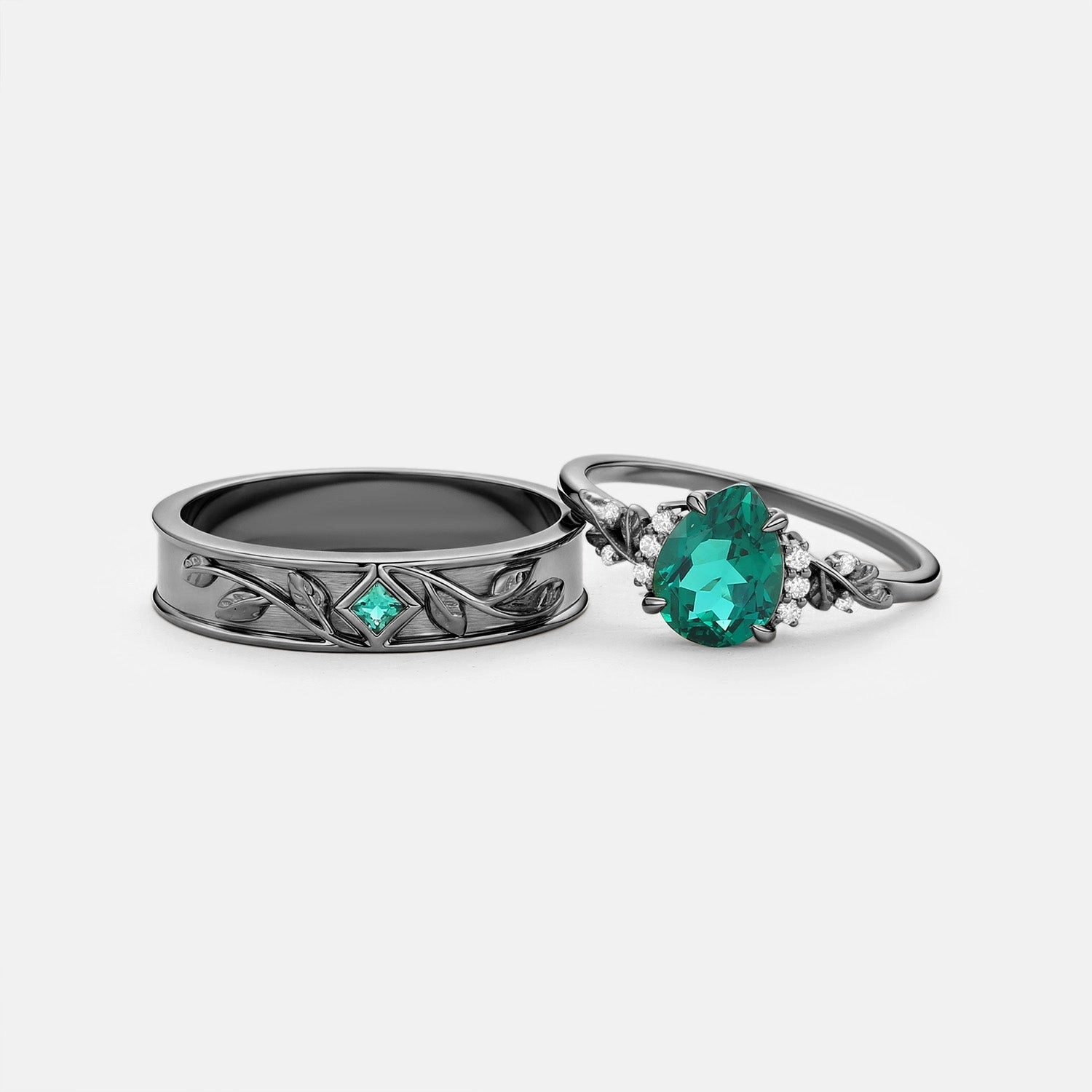 Elegant Embellishments Pear Shaped Lab Emerald Leaf Couple Ring Set 2pcs - Verdant