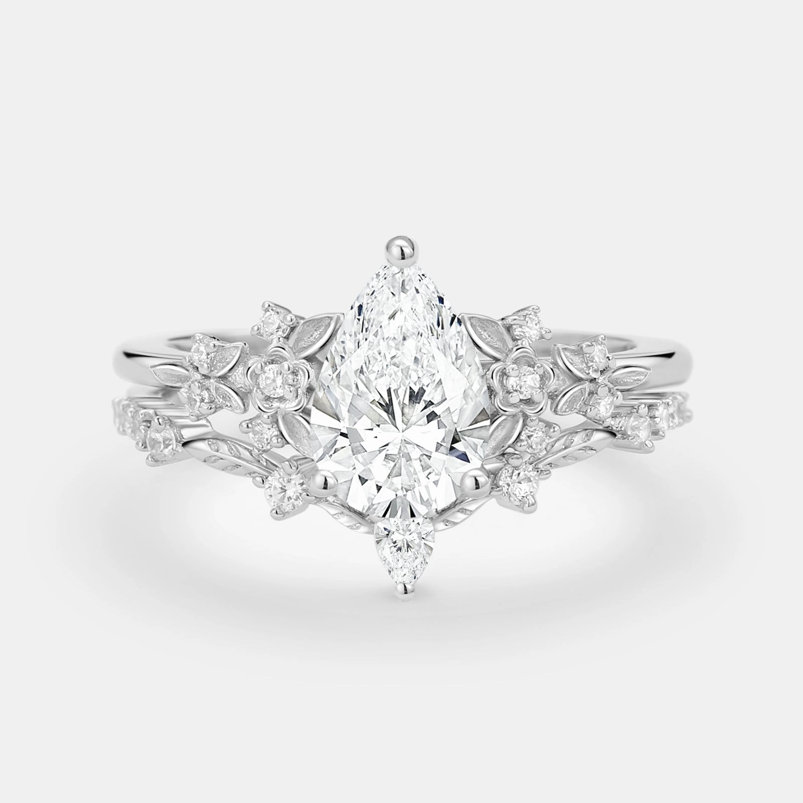 Pear Shaped Lab Grown Diamond Flower Bridal Ring Set 2pcs Eye Catching Refined Choice