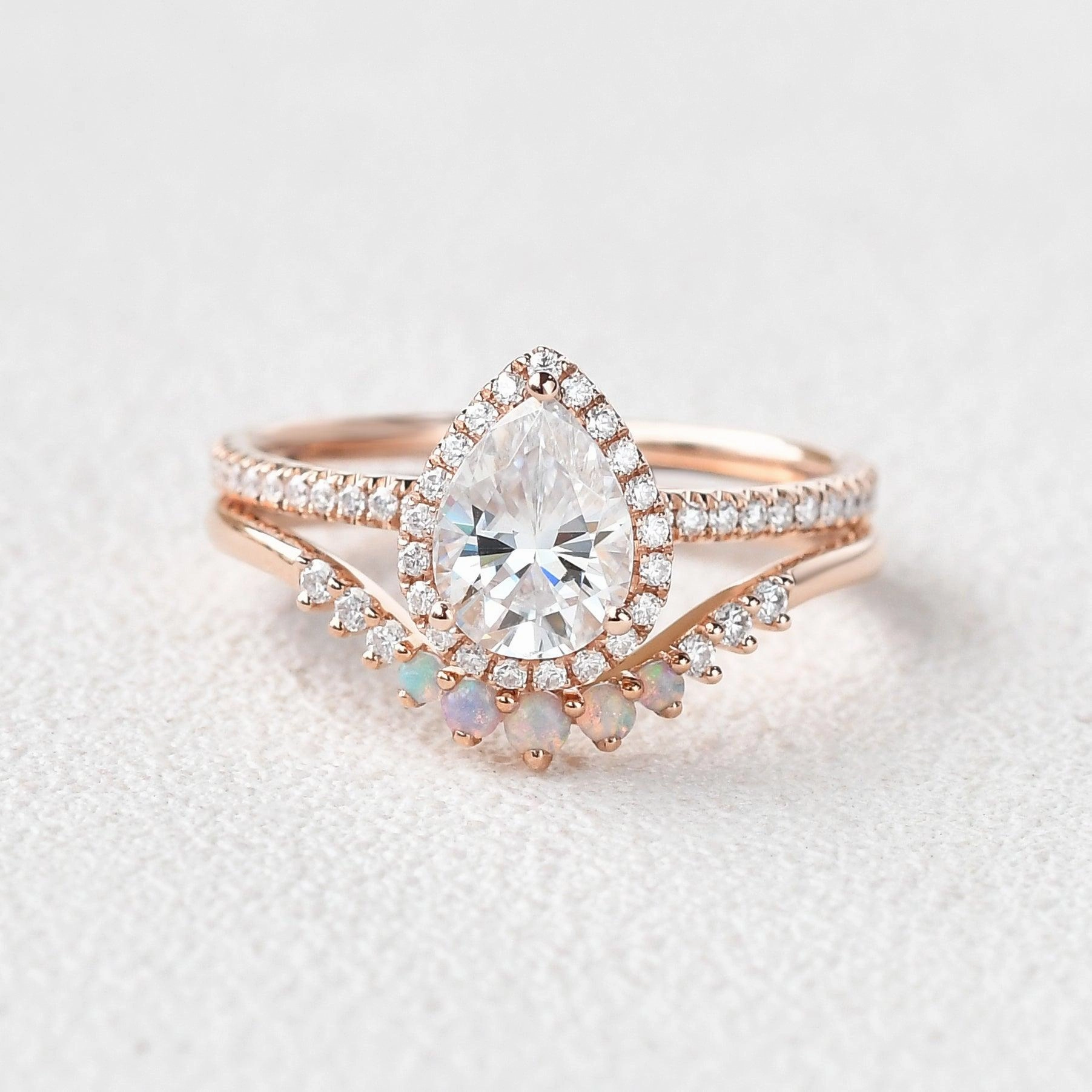 Pear Shaped Moissanite & Opal White Gold Ring Set 2pcs Exclusive Design Polished Mood