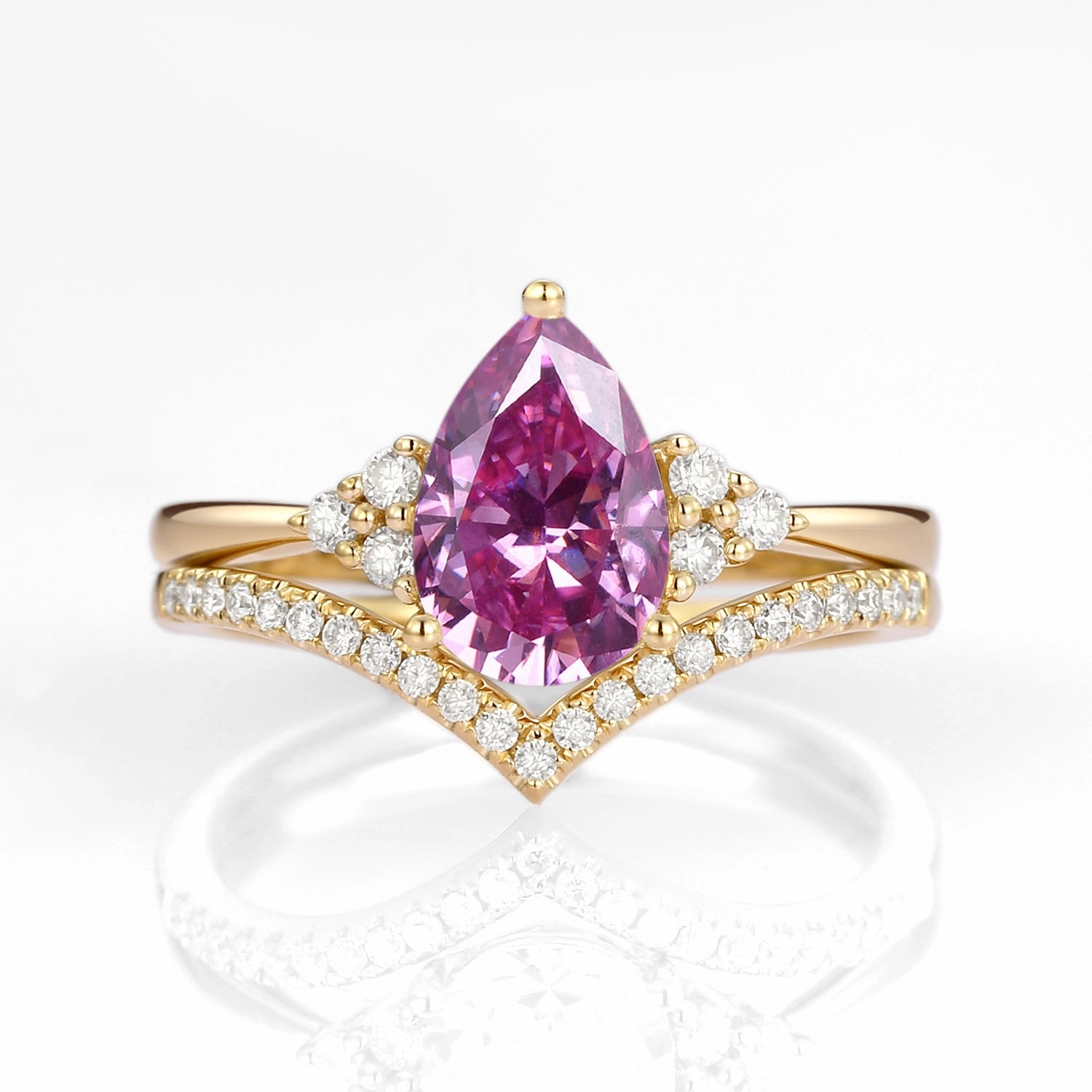 Pear Shaped Moissanite Chevron Rose Gold Ring Set 2pcs - Lily Romantic Accessory