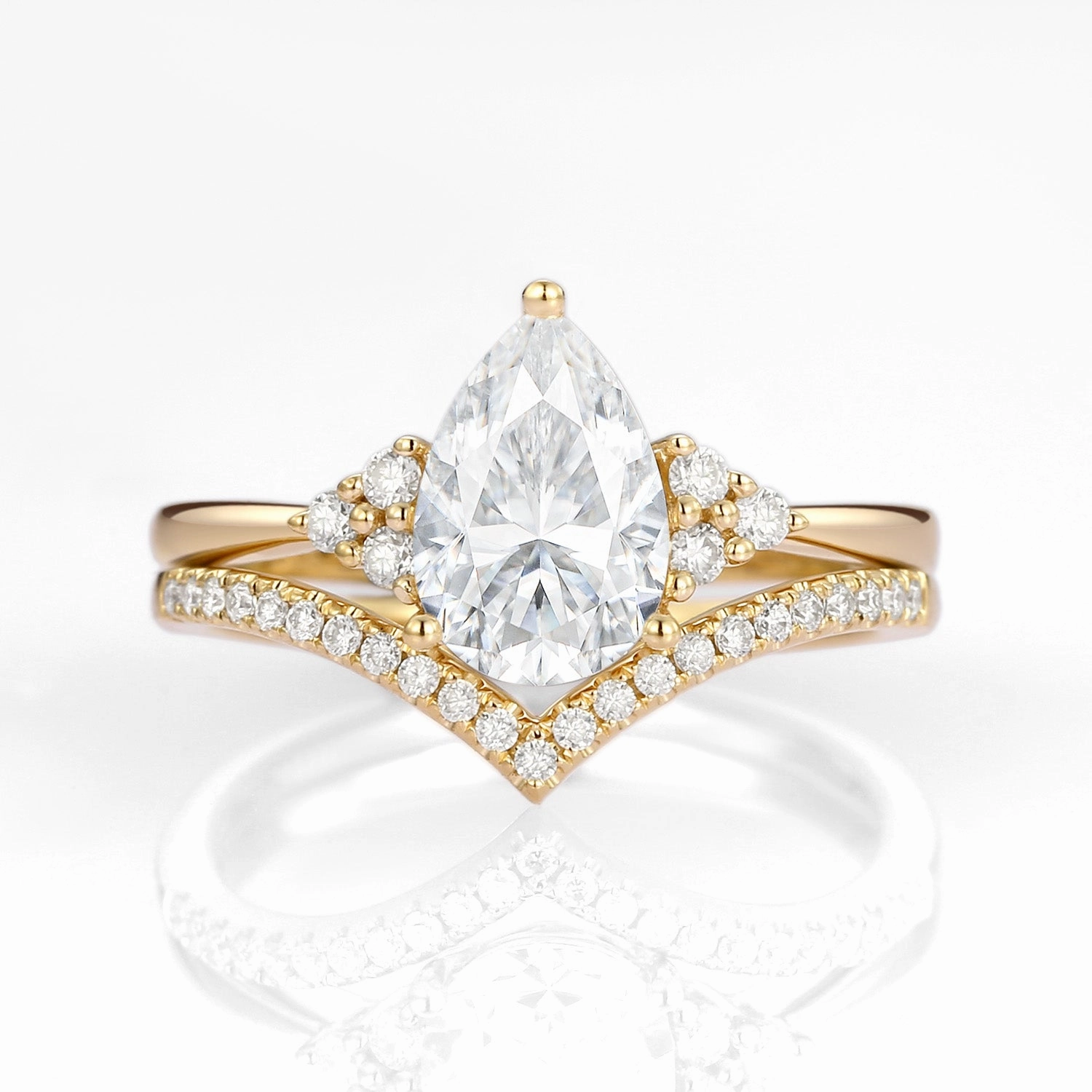 Radiant Glam Pear Shaped Moissanite Chevron Rose Gold Ring Set 2pcs - Lily