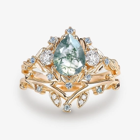 Radiant Shine Look Pear Shaped Moss Agate & Blue Topaz Leafy Ring Set 2pcs